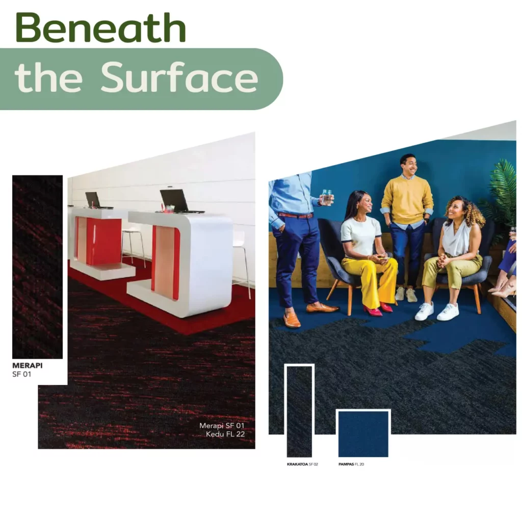 พรมแผ่น Beneath the Surface ลายหินโทนดำเหลือง ตกแต่งโซนที่นั่งพักผ่อนในออฟฟิศโมเดิร์น