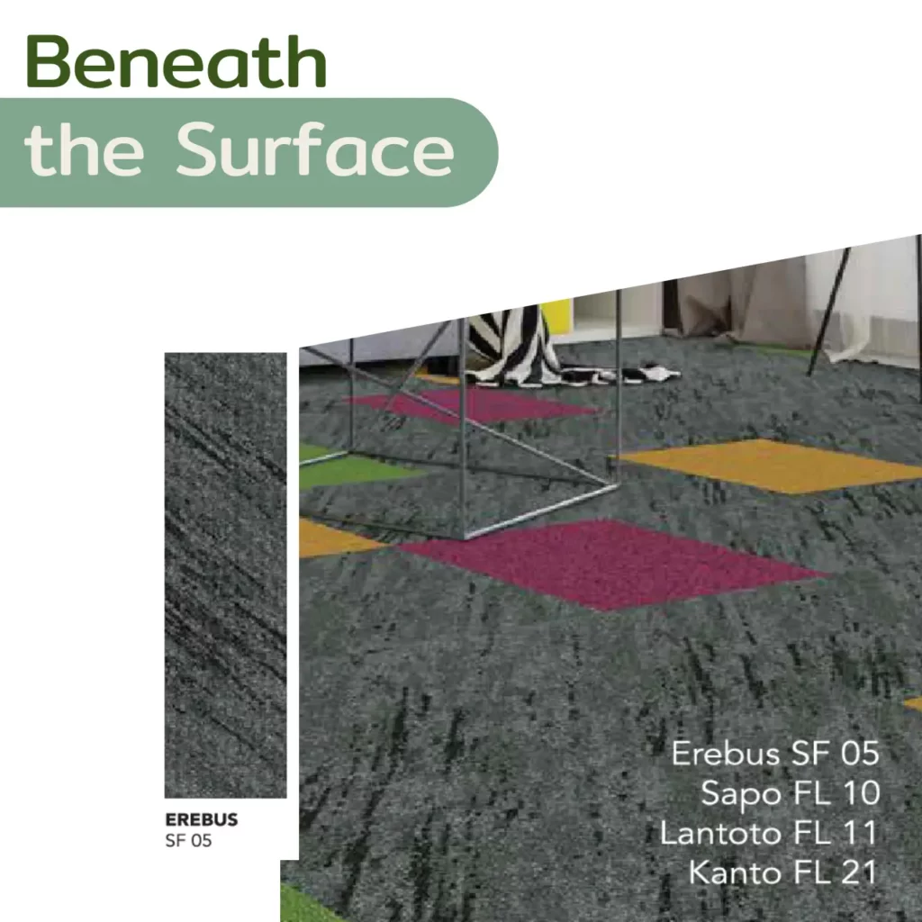 พรมแผ่น Beneath the Surface รุ่น EREBUS SF 05 โทนเทาเข้ม ตัดกับแผ่นสีสด เหมาะกับออฟฟิศครีเอทีฟทันสมัย