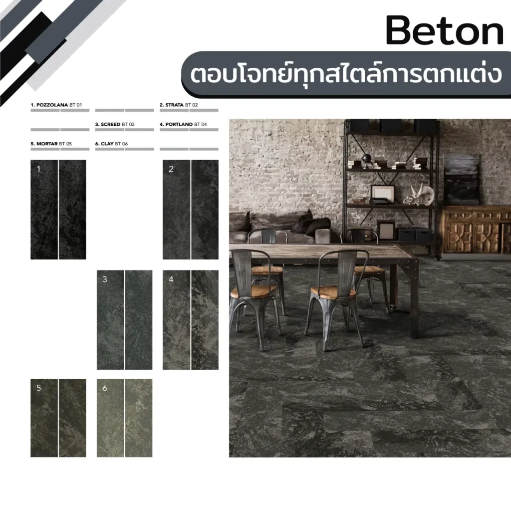 พรมแผ่น Beton คอลเลกชันลายคอนกรีตหลากเฉดสี เหมาะตกแต่งร้านอาหารและคาเฟ่สไตล์อินดัสเทรียล