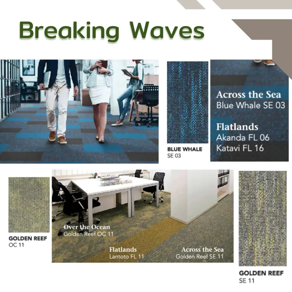 พรมแผ่น Breaking Waves รุ่น Over the Ocean ลาย ICE FLOE OC 01 และ GREY SEAL OC 05 โทนเทา สำหรับออฟฟิศทันสมัย