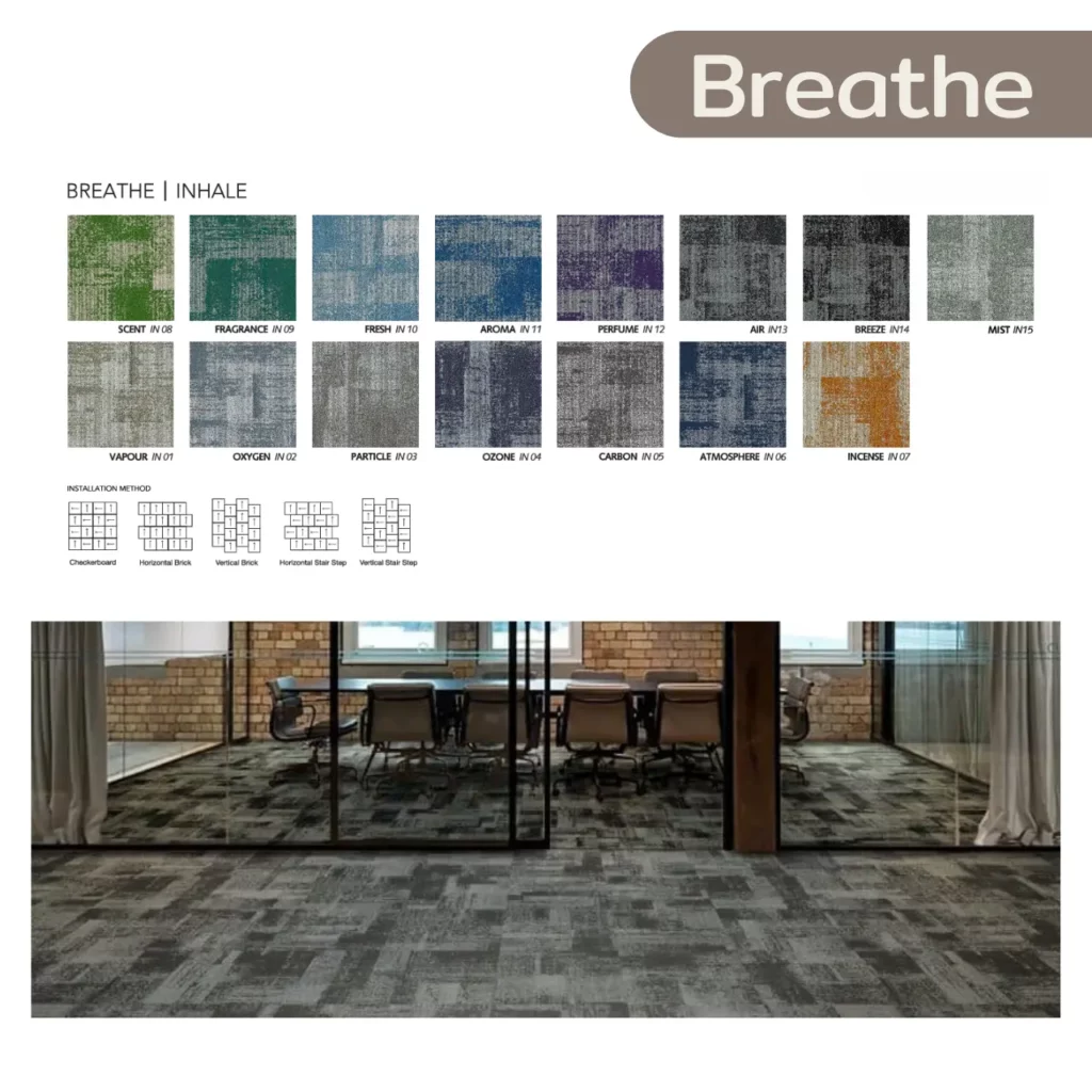 พรมแผ่น Breathe รุ่น VAPOUR IN 01 โทนเทา สร้างบรรยากาศโปร่งโล่งสำหรับโถงทางเดินอาคารสำนักงานหรือสนามบิน