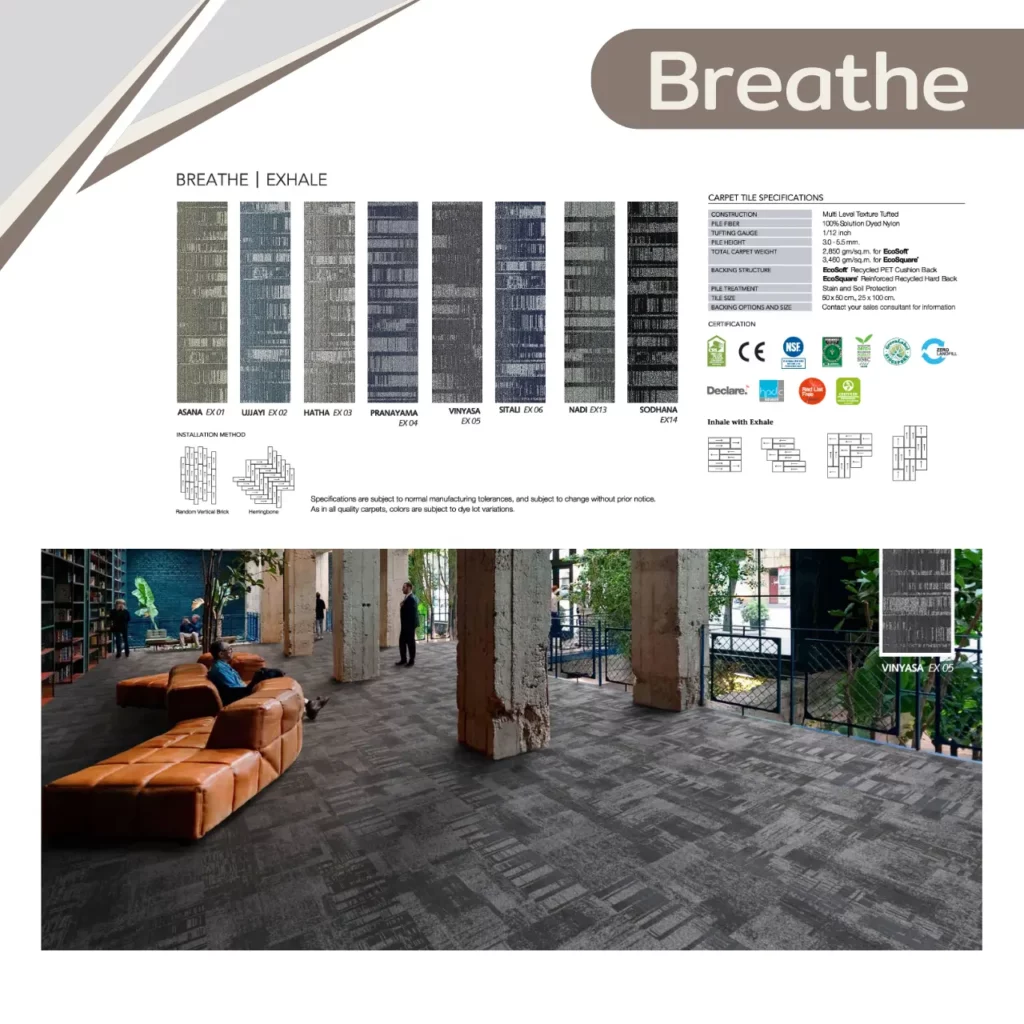 พรมแผ่น Breathe รุ่น OXYGEN IN 02 FRAGRANCE IN 09 และ INCENSE IN 07 ลายแพตช์เวิร์กสีสด เหมาะกับห้องประชุมครีเอทีฟ