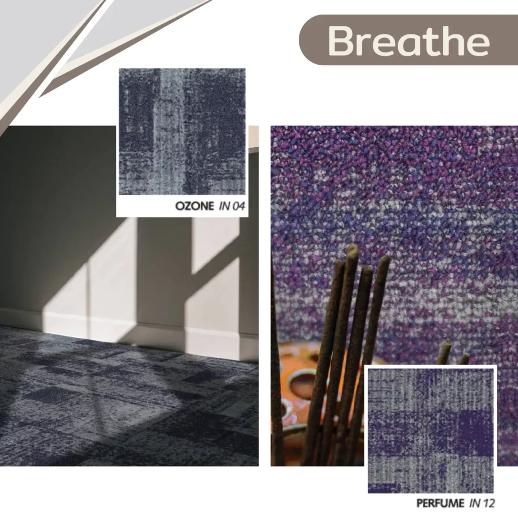 พรมแผ่น Breathe รุ่น FRESH IN 10 และ AROMA IN 11 โทนน้ำเงิน ลายแพตช์เวิร์ก ช่วยสร้างบรรยากาศโซนนั่งเล่นร่วมสมัย