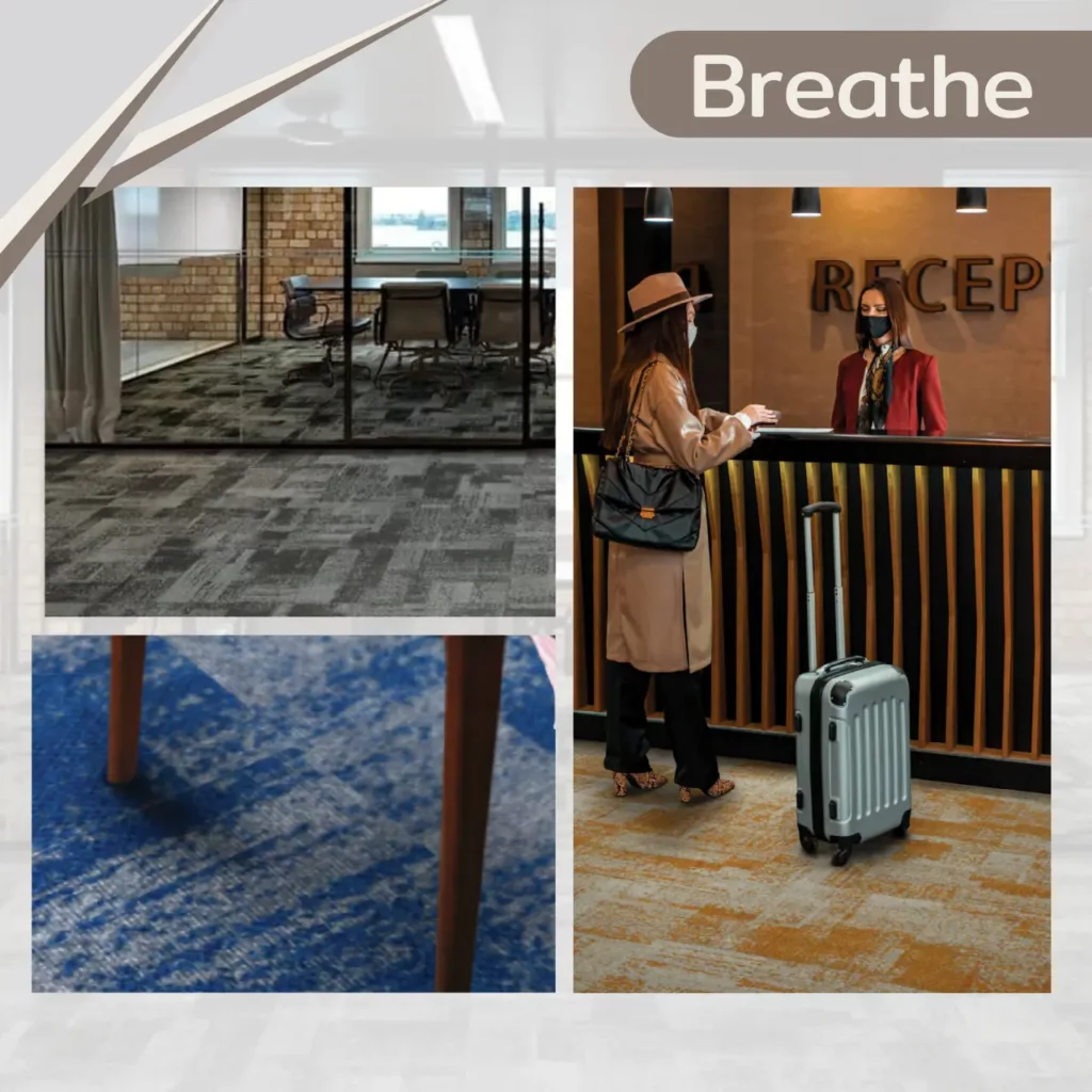 พรมแผ่น Breathe Exhale ลายตัวอักษรโทนเทา ติดตั้งในโซนคาเฟ่หรือโถงพักผ่อนสไตล์ลอฟต์ภายในอาคาร