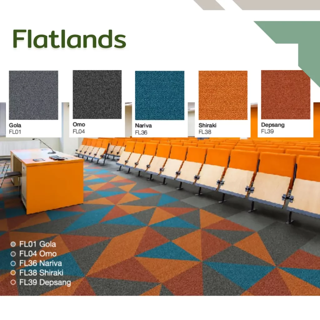 พรมแผ่น Flatlands รุ่น Fyde FL37 สีเขียว, Nariva FL38 สีน้ำเงิน, Banco FL14 สีเทา