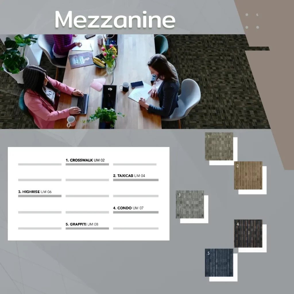 พรมแผ่น Mezzanine รุ่น TAXICAB UM04 โทนน้ำตาลไม้ สำหรับพื้นที่ออฟฟิศทันสมัย