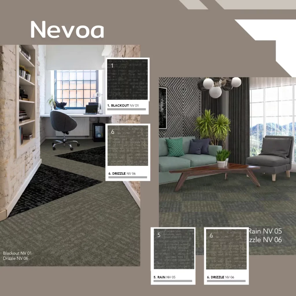 พรมแผ่น Nevoa รุ่น Storm NV02 DEW NV07 HAZE NV04 VAPOUR NV08 สำหรับปูพื้นออฟฟิศร่วมสมัยจาก WSUang.com​​