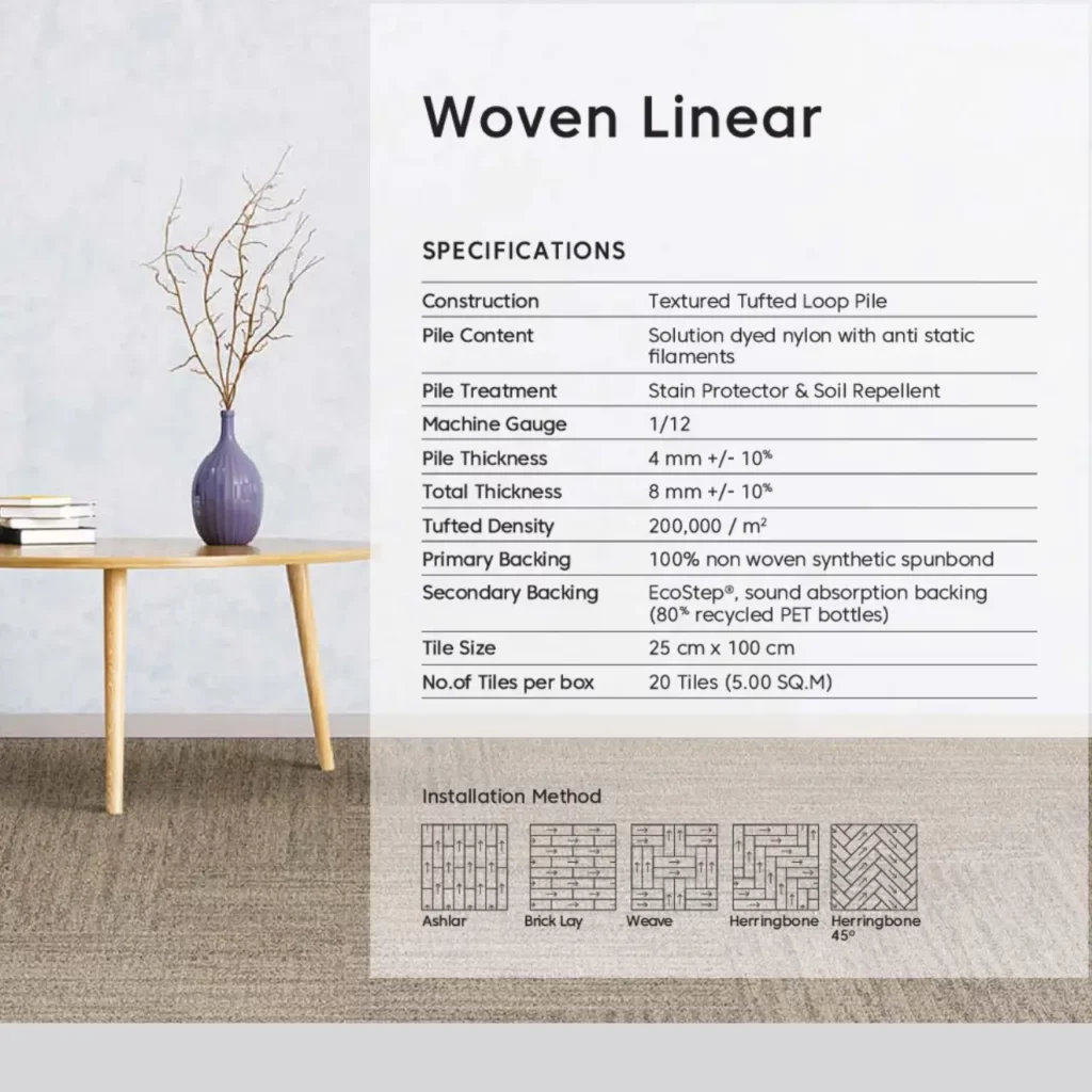 พรมแผ่น Woven Linear Fossil WL02 โทนเทา ลายทออะคูสติก ขนาด 25x100 ซม. ปูพื้นห้องทำงานสไตล์มินิมอลรอบโซฟาและต้นไม้จาก WSUang​